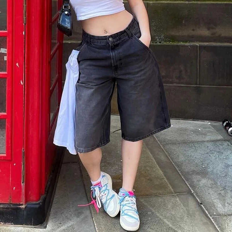 Women Bermuda Denim Shorts Boyfriend Baggy Calf Length Pants Y2k Aesthetic Wide Leg Carpenter Jean American Retro Streetwear 250515