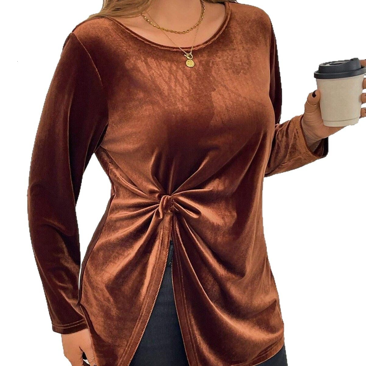 Large Size Womens Elegant Style T-shirt for Autumn and Winter Twisted and Slimming Korean Velvet Long Sleeved Top
