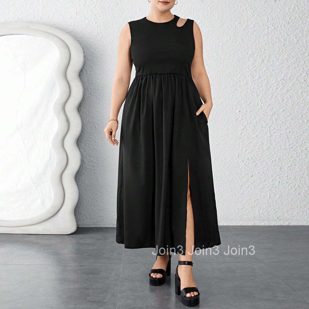 Summer New Large Round Neck Waist Split Skirt Tank Top Sleeveless Splicing Dress