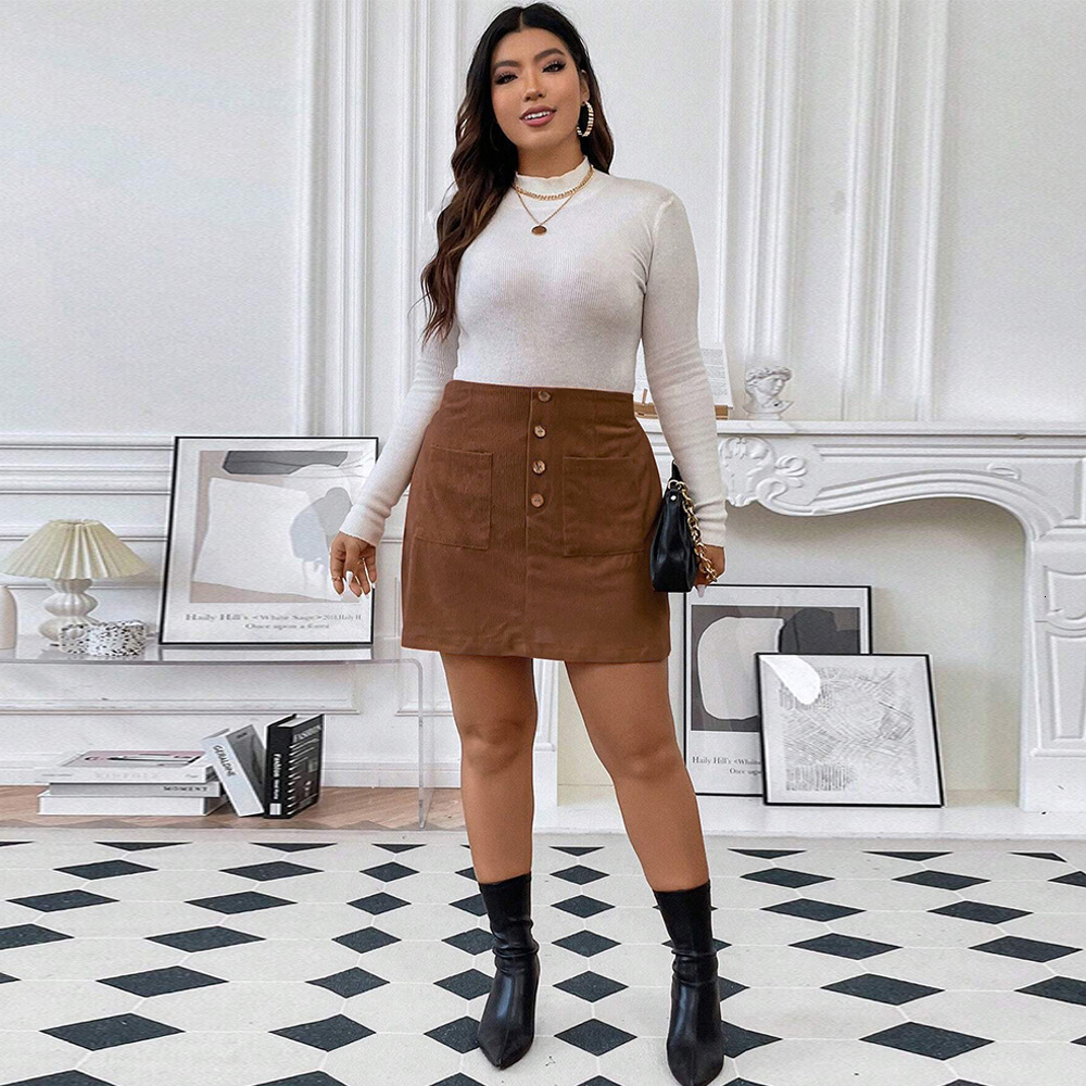 Large Size Womens Autumn and Winter New Style Temperament Commuting Pocket A-line Skirt Corduroy Skirt