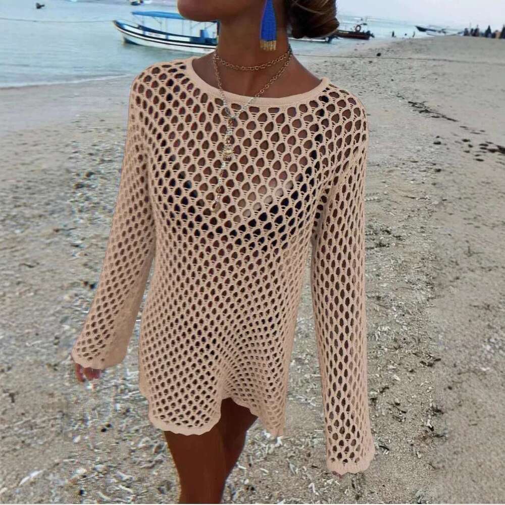 DRC Female Sheer Loose Beach Holiday Mini Dresses Sexy Hollow Out Knit Dress Women Summer Splice Knitwear Cover Up