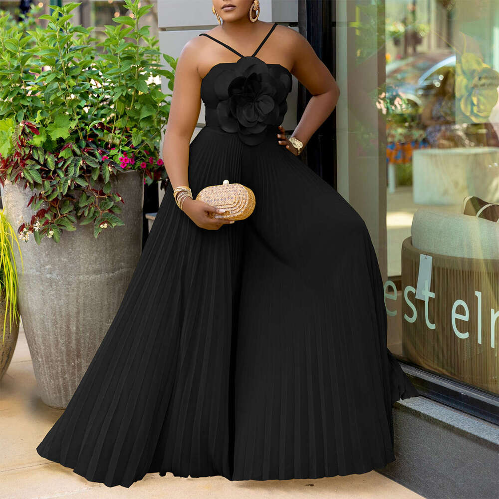 Wide Leg Jumpsuit C Women S Summer Hanging Neck Three Dimensional Flower Solid Color Wide Leg Plus Size Jumpsuit