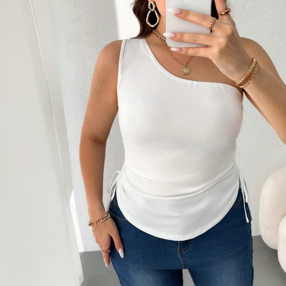 Plus Size Womens Simple and Elegant T-shirt for Spring and Summer 2025 New Slanted Neck Slimming Top