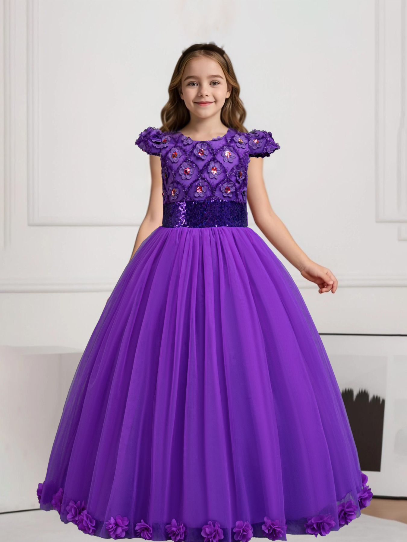Girl Party Dress New Elegant 3D Flower Mesh Long Wedding Bridesmaid Dress 3-12Y Sequin Graduation Ball Evening Dresses Christmas performance host spee