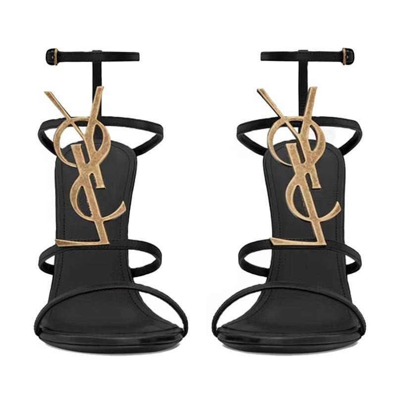 free Shipping One string sandals Designer Versatile Letter buckle Fine and fine Peep Toe Black thin heeled high heels