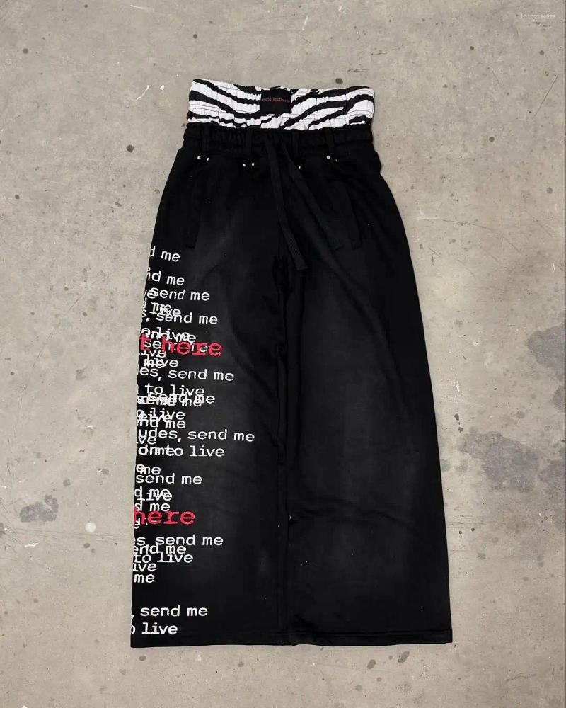 Men's Pants Goth Harajuku Double Layer Elastic Waistband Men Hip Hop Letter Print Y2k Cargo Joggers Loose Casual Sweatpants