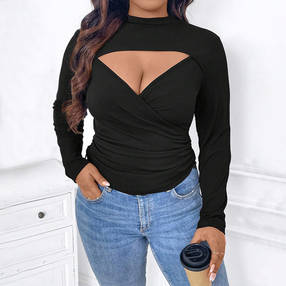 Large Size Womens Deep V-neck Sexy T-shirt for Autumn and Winter New Collection Pleated Slim Fit and Slimming Inner Long Sleeved Top
