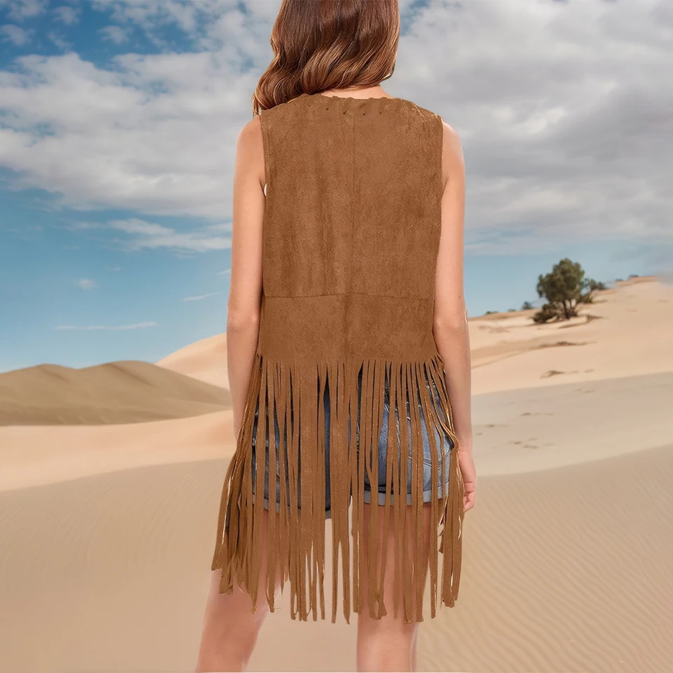 Womens Solid Boho Faux Suede Sleeveless Fringe Open Front Tank Vest Blazer Cardigan Tops Summer Holiday Desert Vacation Outwear 250506