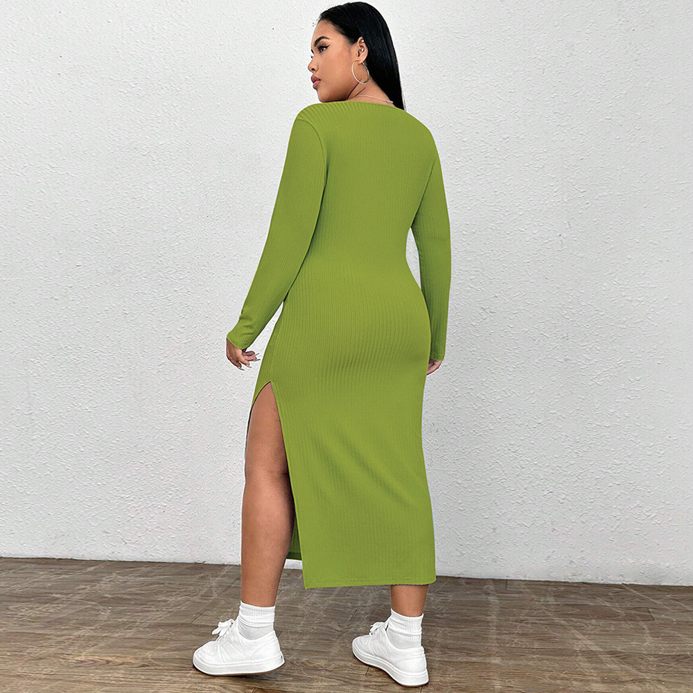 Large Size Womens Autumn and Winter New Slim Fit Bag Hip Slit Square Neck Knitted Long Sleeved Dress