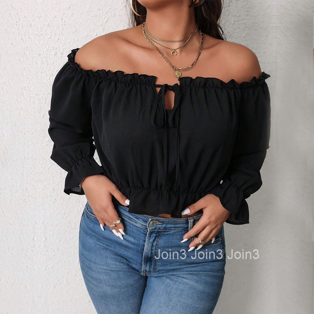 Large Size Womens High Cold Imperial Style T-shirt for Autumn and Winter One Neck Off Shoulder Slim Fit Short Top