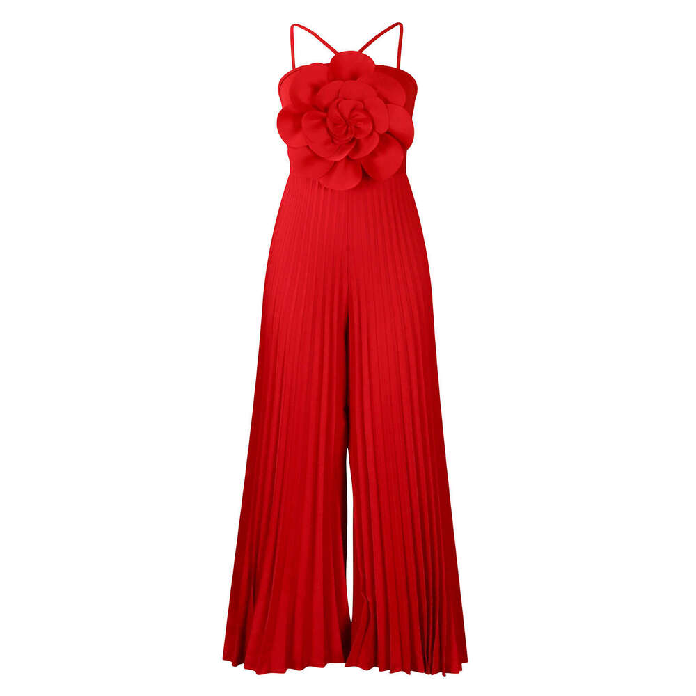 Wide Leg Jumpsuit C Women S Summer Hanging Neck Three Dimensional Flower Solid Color Wide Leg Plus Size Jumpsuit