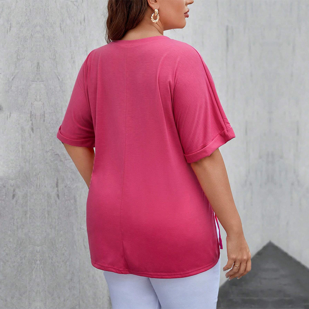 Large Size Womens New Sexy V-neck Loose Casual Slit Solid Color Short Sleeved T-shirt Top