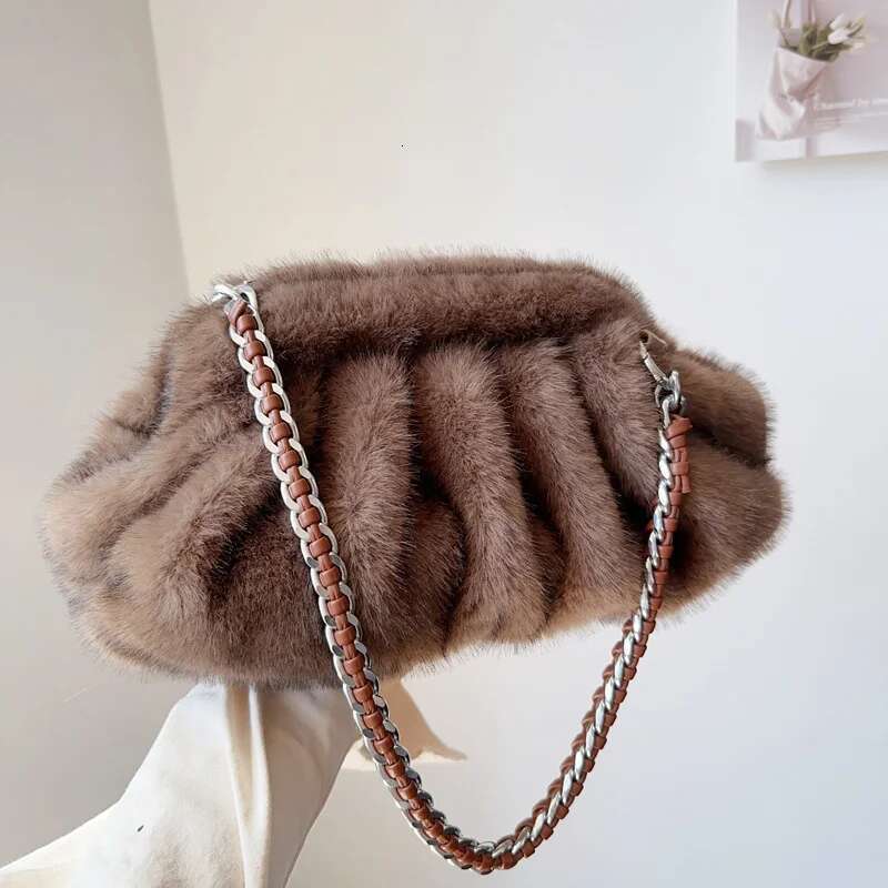 MOODS Pleated Design Faux Fur Shouldrt For Women 2024 Designer Purses And Handbags Winter Warm Soft Plush Hobo Bags