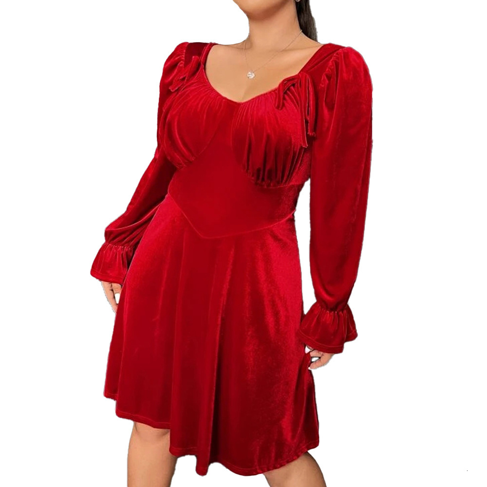 Large Size Womens Clothing Autumn and Winter New Collection Waist Cinching and Swinging Short Skirt Long Sleeved Velvet Party Dress