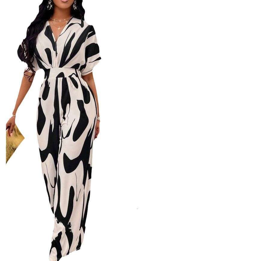 Wide Leg Jumpsuit Spring And Summer New Women S Clothing Full Body Printed Bat Sleeves Wide Leg Jumpsuit