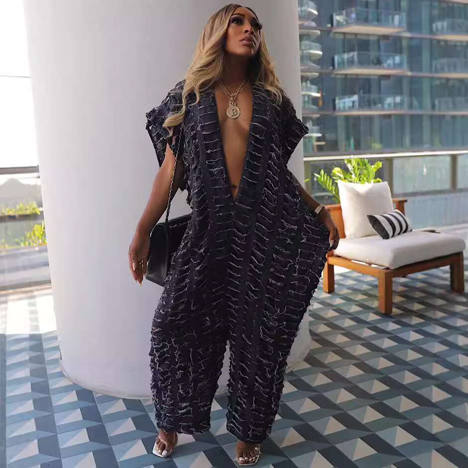 Wide Leg Jumpsuit Women S Loose Denim Women S Sexy Deep V Hole Wide Leg Jumpsuit