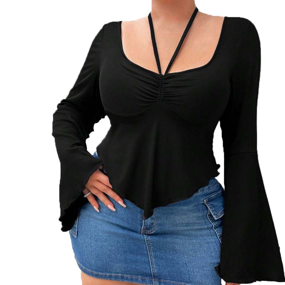 Autumn and Winter Plus Size Womens U-neck Flared Sleeve T-shirt with Elegant Design and Solid Color Top