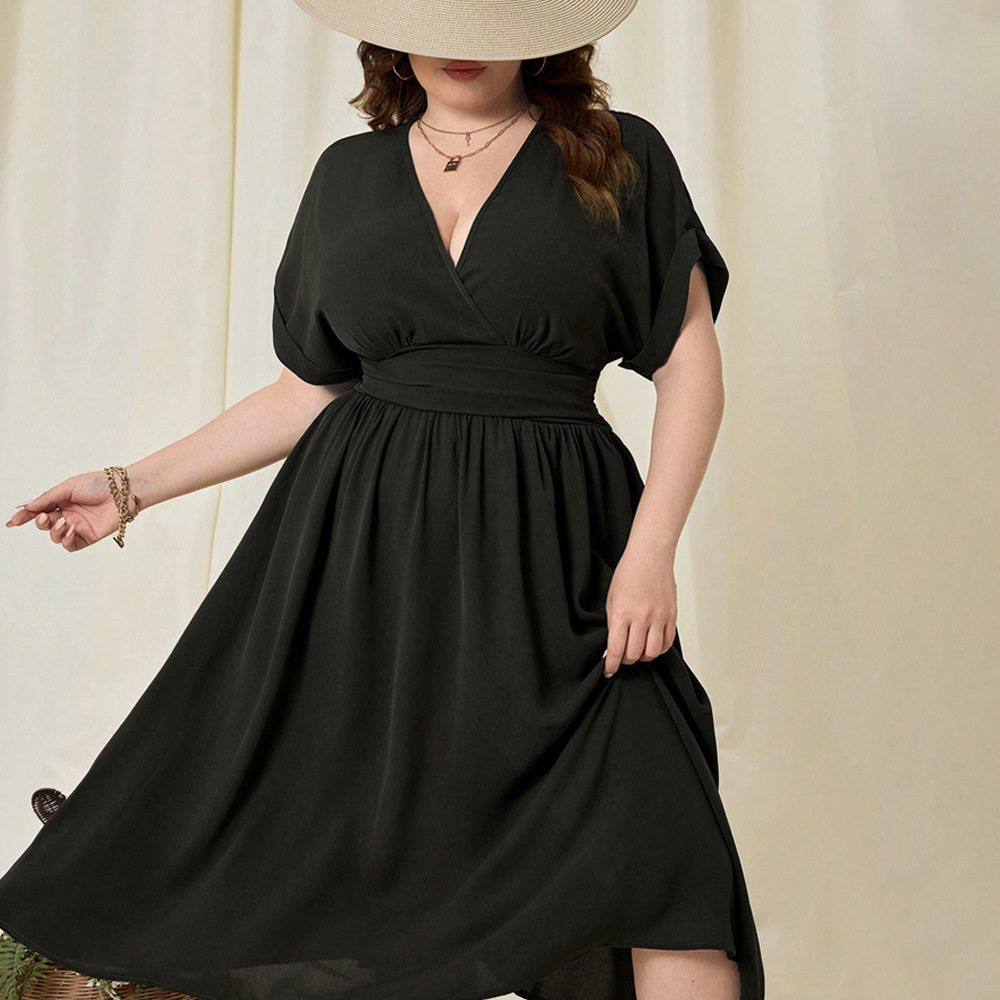 Oversized Womens V-neck Slim Fit Short Sleeved Dress with Vacation Style High Waist A-line Beach Skirt for Women