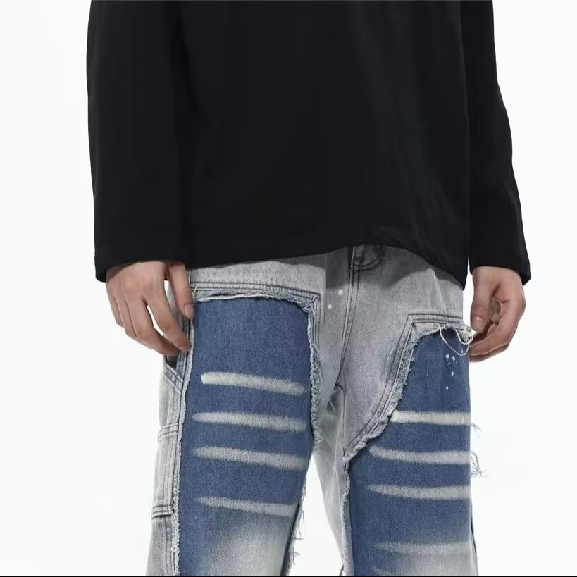 High street American retro washed patchwork splashed ink jeans men's loose straight hip hop long pants contrasting colors