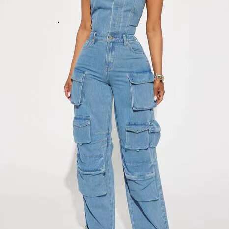 Wide Leg Jumpsuit Personalized Street Style Strapless Waist Cinching Revealing Figure Spicy Girl Multi Pocket Denim Work Pants Jumpsuit
