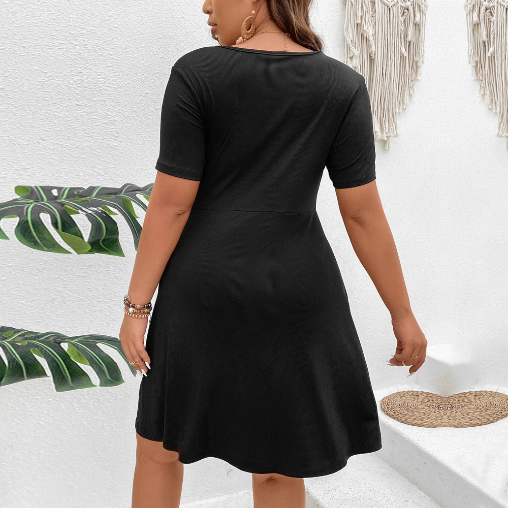 Large Size Womens New V-neck Waist Cinched A-line Skirt Twisted Knit Solid Color Short Skirt T-shirt Dress