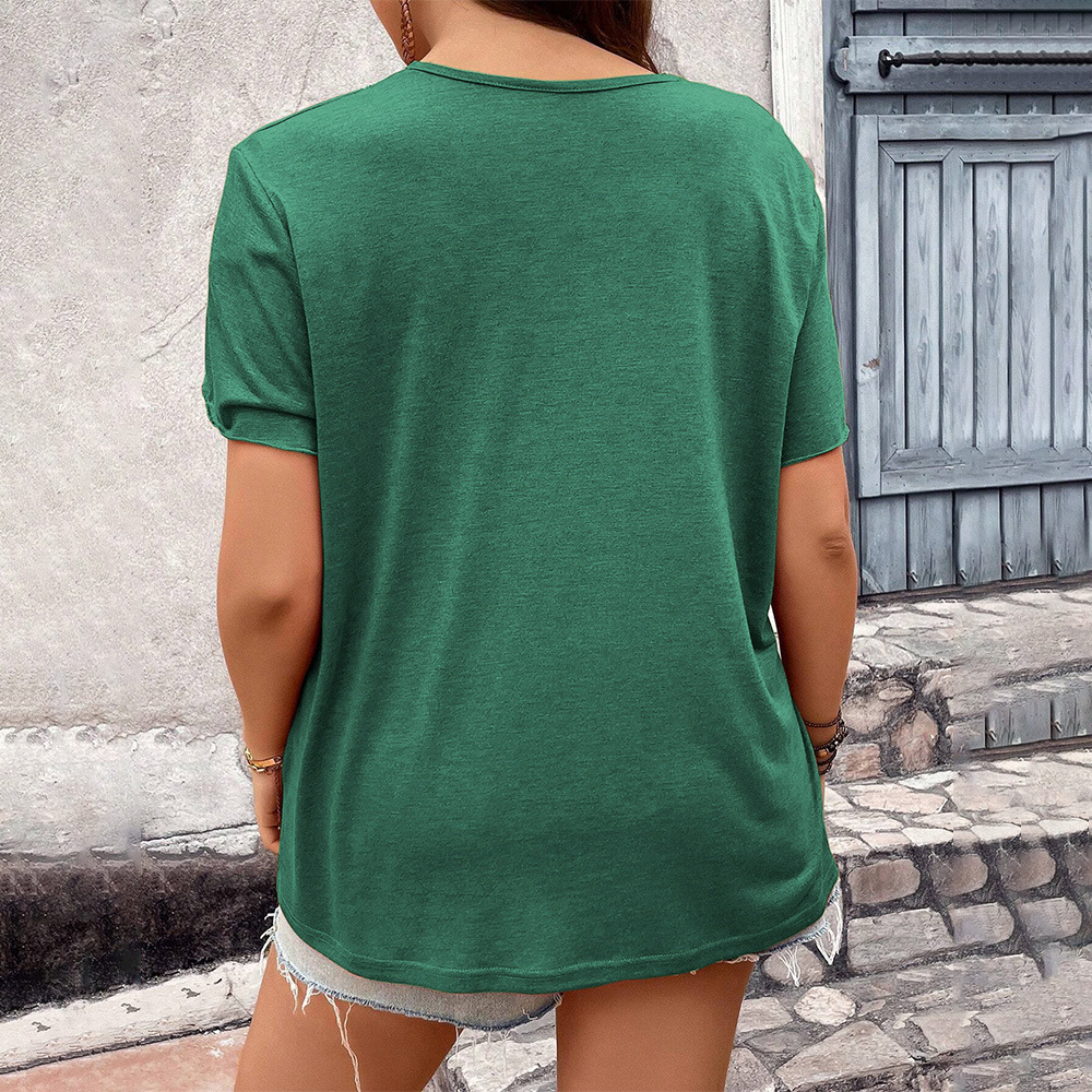Large Size Womens New Patchwork Lace V-neck Loose Casual Knitted Short Sleeved T-shirt Versatile Top