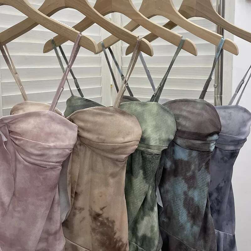 New Women's Smudged Mesh Spaghetti Strap Camisole With Breast Pads Irregular Ruffled Top Y2k Essential Streetwear Outfits 1139