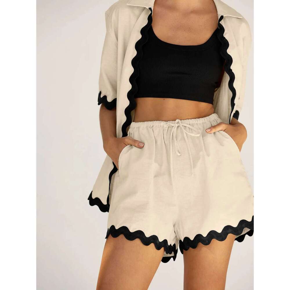 Contrast Trim Shorts Two Piece Set Drap Shoulder High Low Hem Short Sleeve Button Down Shirt Matching Sets