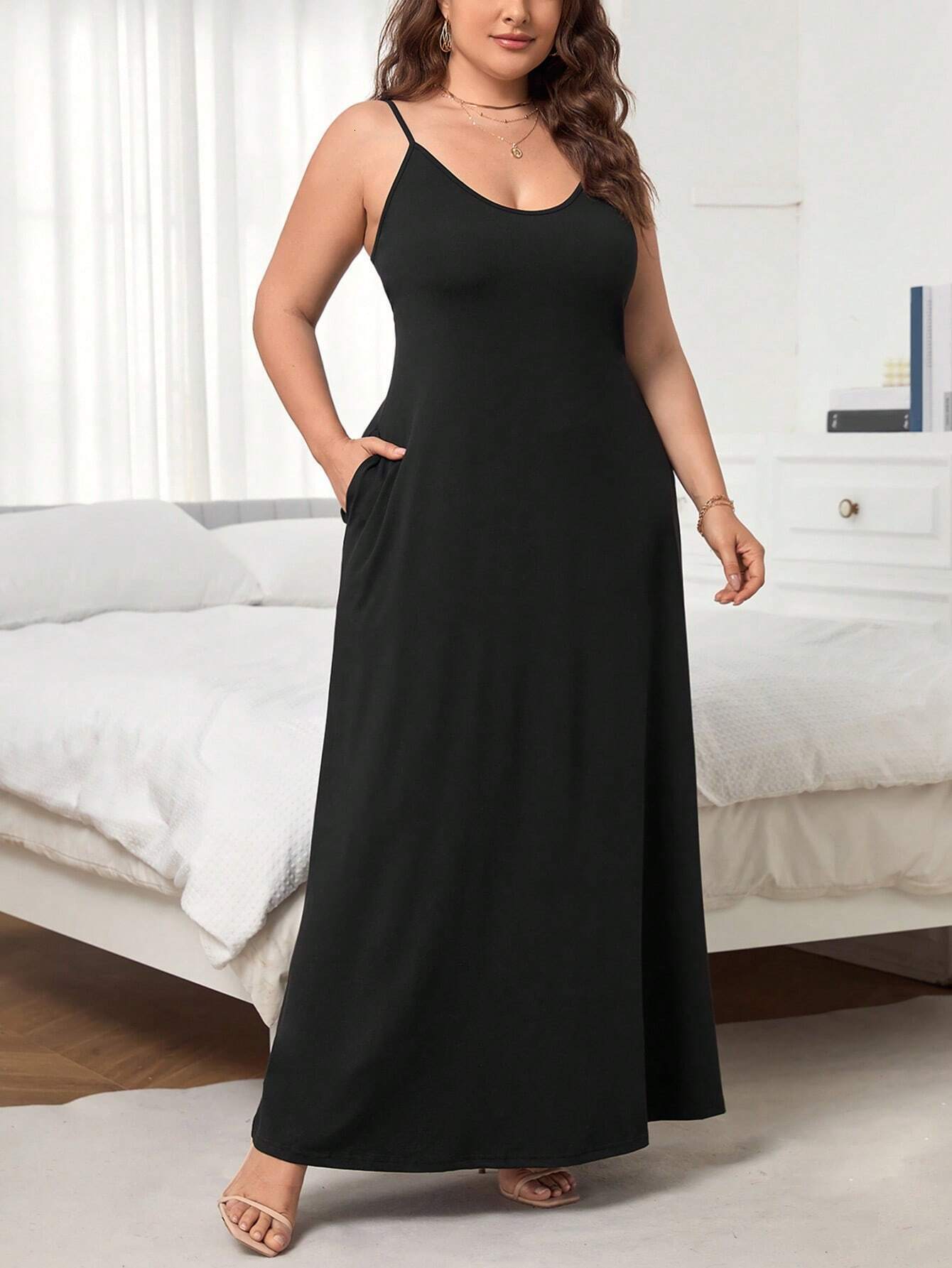 Plus Size Womens U-neck Sleeveless Dress Summer New High Waisted Solid Color Mid Length Skirt