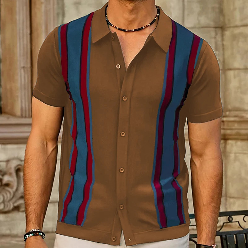 Mens Clothing Knit Short Sleeve Polo Shirt Casual Streetwear Lapel Button Down Cardigan Breathable Tops Summer Knitwear 250515