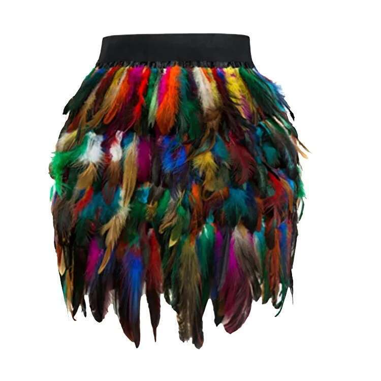 Colorful Faux Feather Women Gothic Punk Stage Performance Party Mini Skirt Sexy Elastic High Waist A-Line Faldas Halloween