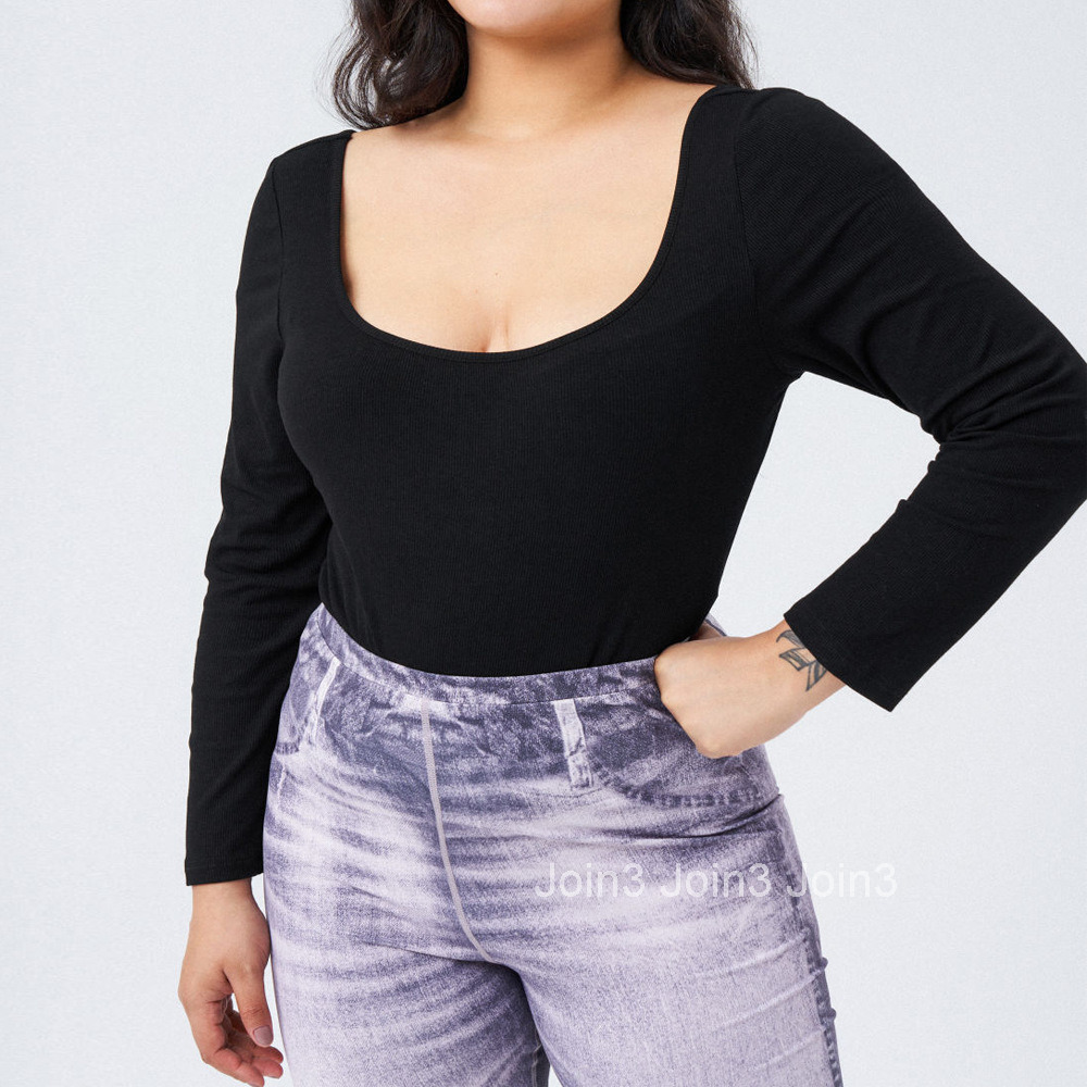 Autumn/winter New Large Womens Square Neck Knitted Long Sleeve T-shirt with Versatile Style Jumpsuit