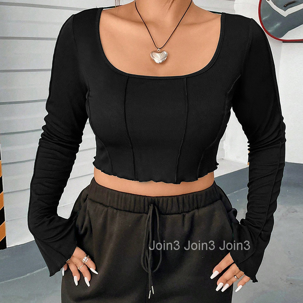 Large Size Womens Slim Fit Exposed Navel Fishbone Top Chic Base Shirt Short Square Neck Autumn and Winter Long Sleeved T-shirt
