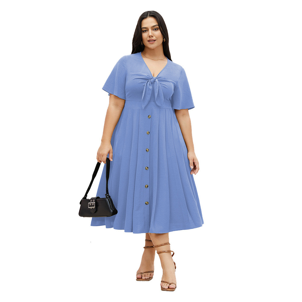 Spring/summer New Plus Size Womens Dress with a Waist Cinching and Large Skirt Sexy V-neck Dress Vacation Long Dress