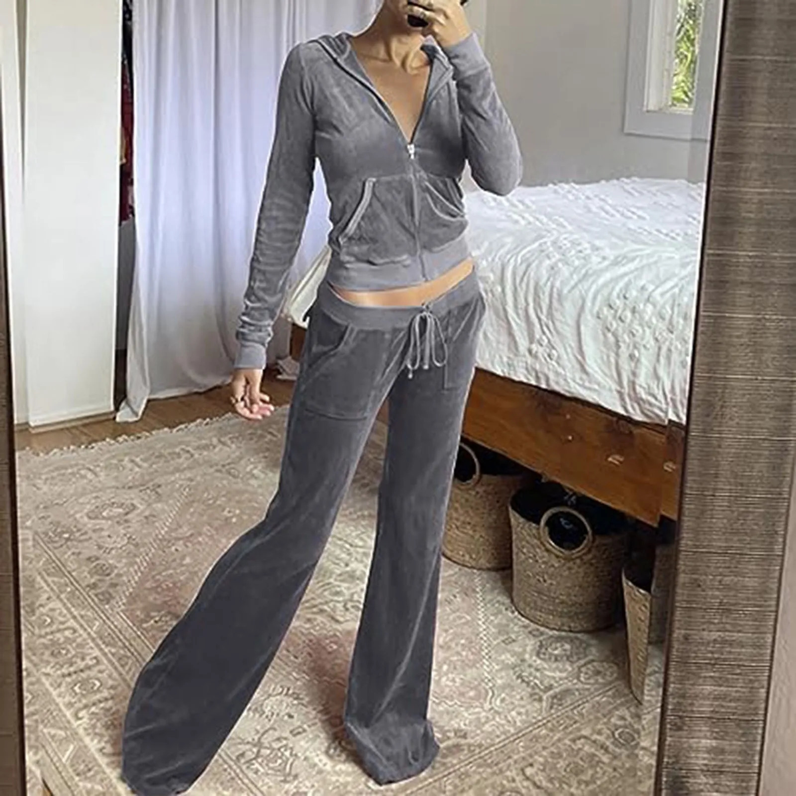 Women Tracksuit Set 2 Piece Slim Fit Velour Velvet Sweatsuit Casual Zip Up Hoodie Jacket And Solid Sweatpants Sweater Suits 250515
