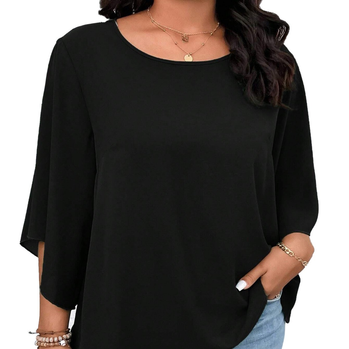 Plus Size Womens Loose Casual T-shirt Autumn and Winter Flared Sleeves Black Slimming Short Top