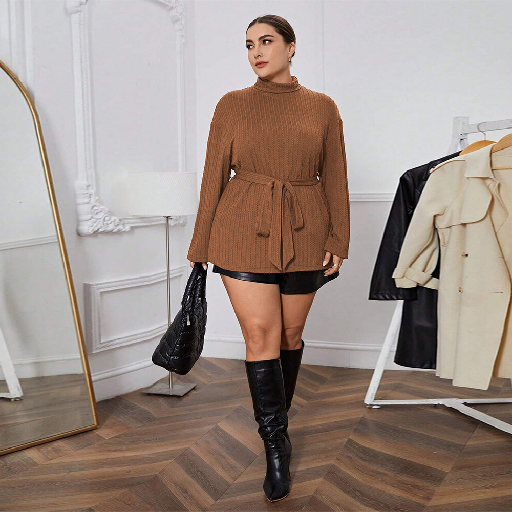 Plus Size Womens Elegant and Intellectual Style T-shirt Autumn and Winter High Neck Loose Slimming Long Sleeved Top for Ladies