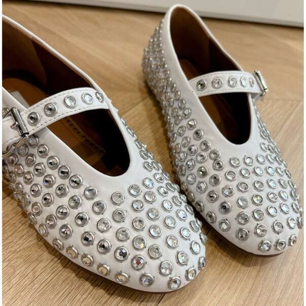 Premium Cowhide Edition~Genuine Leather Round Head Water Diamond Rivet Mary Jane Single Women's Flat Bottom Comfortable Ballet Dance Shoes