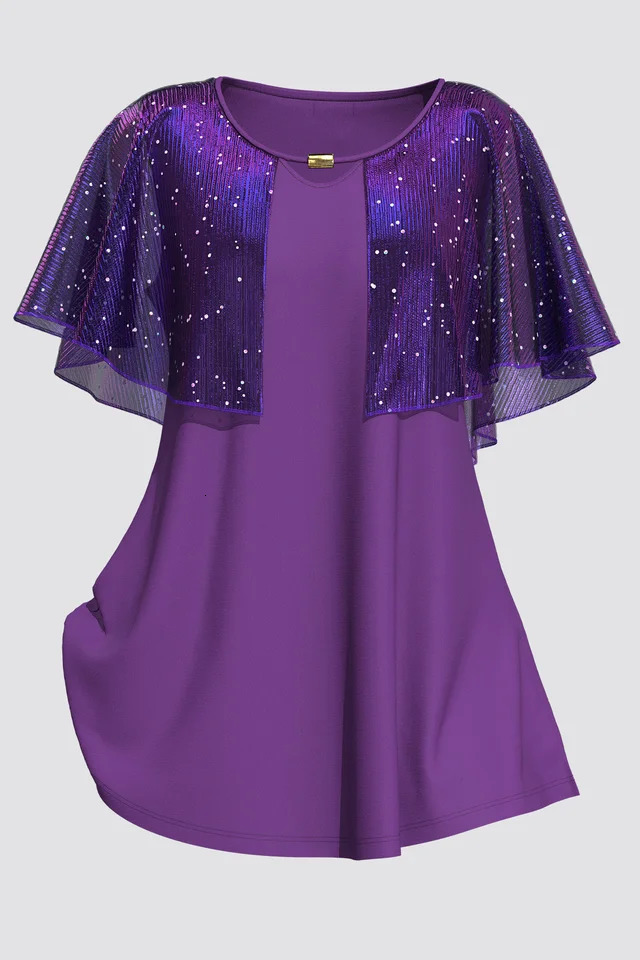 Plus Size Womens Fashion Sequin Decorative Shawl Crew Neck Chiffon Top Casual Short Sleeve Summer Clothing 2024 250514