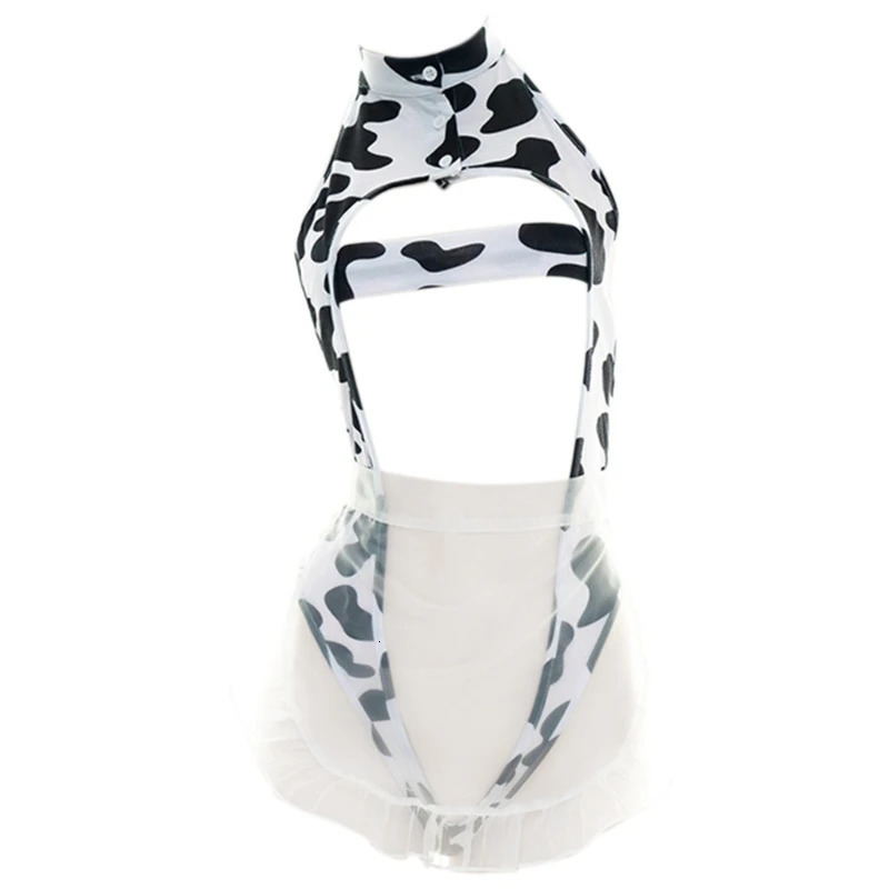 Women Sexy Cow Lingerie Set Anime Maid Cosplay Costume Teddies Lingerie Bodysuit with Maid Apron Set Sleepwear 250515