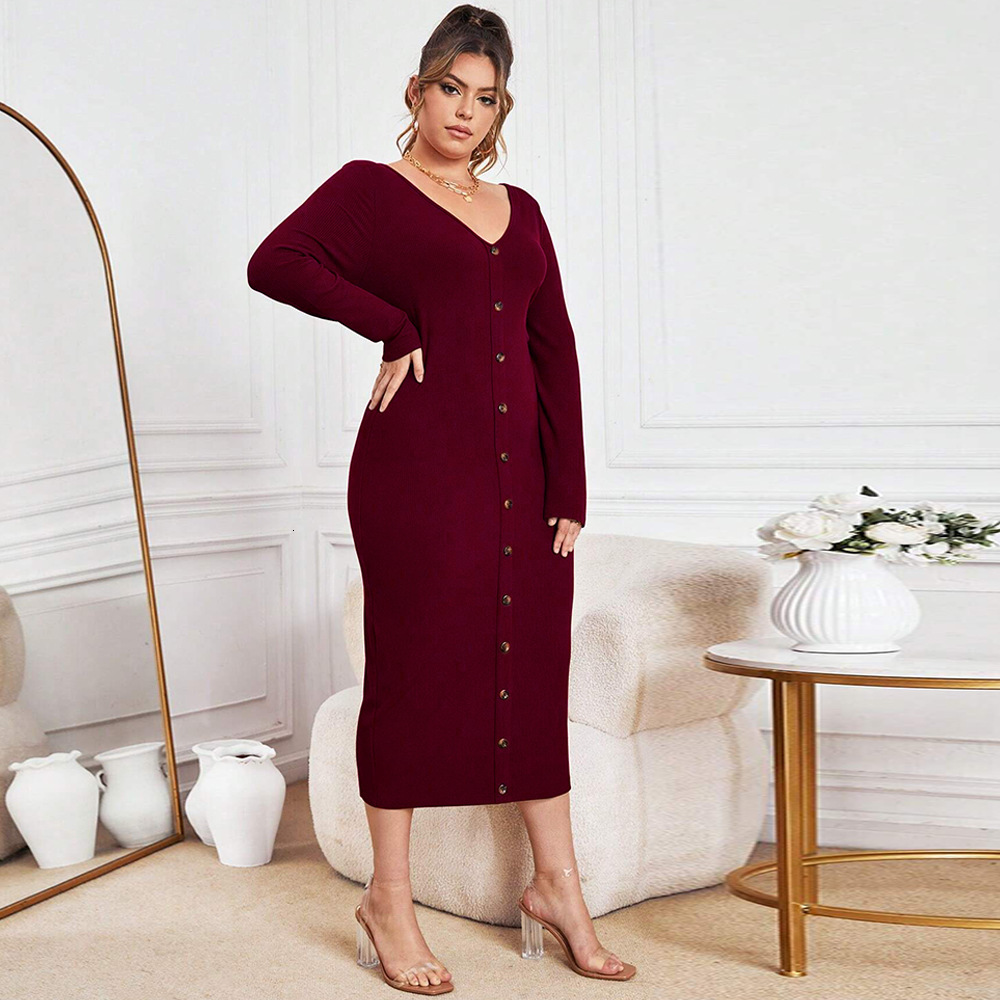 Large Size Womens Autumn and Winter New Slim Fit Bag Hip Knitted Skirt Sexy V-neck Long Dress