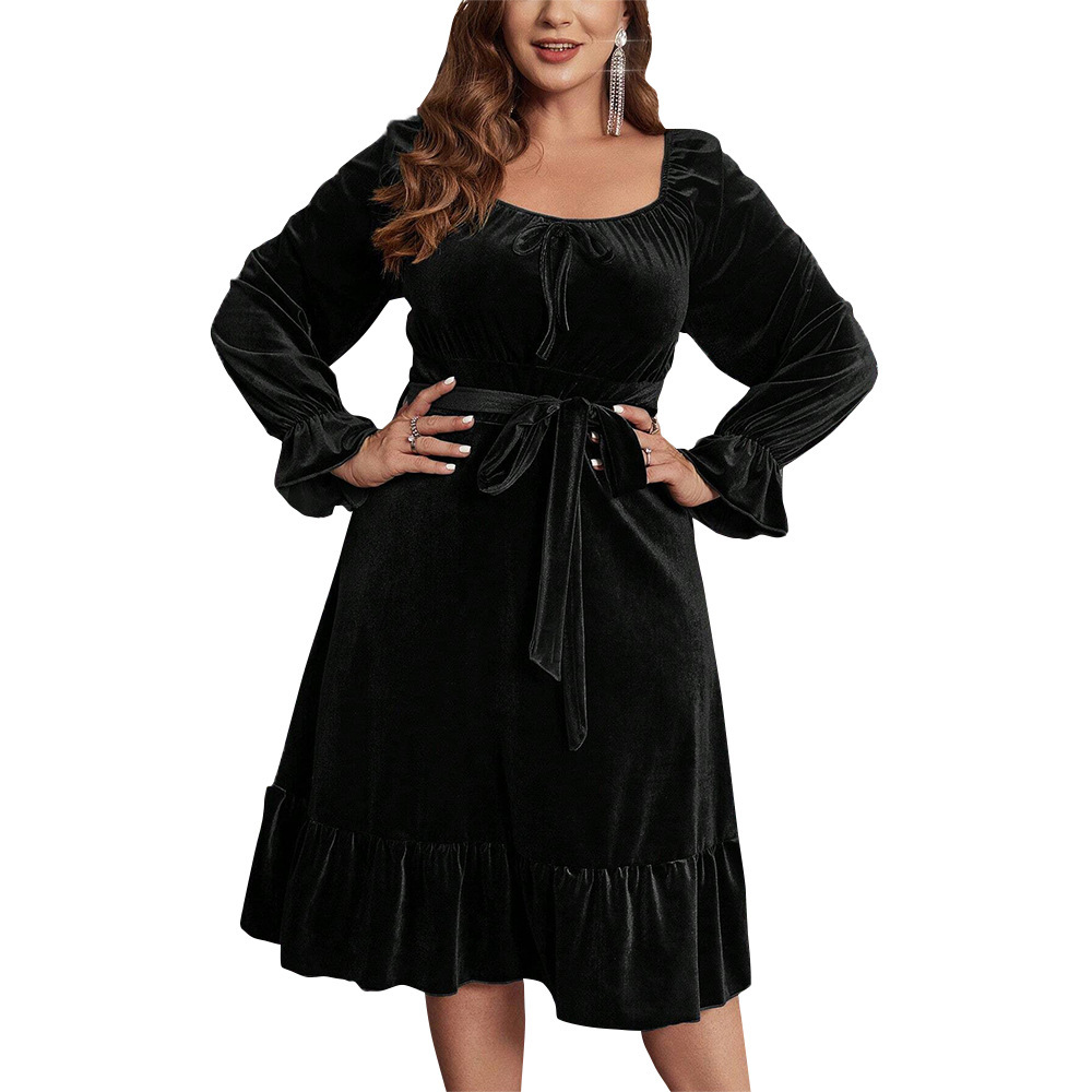 Large Size Womens Elegant Dress with Square Collar and Flared Sleeves for Autumn and Winter Slimming Mid Length Skirt