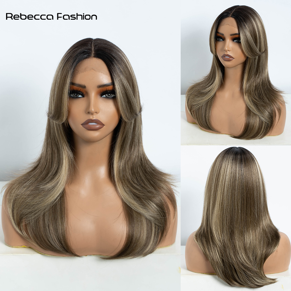 Rebecca Fashion Synthetic Straight Ombre Blonde 20 Inch Brown Lace Front Wig For Women Heat Resistant Wig Cosplay Wigs