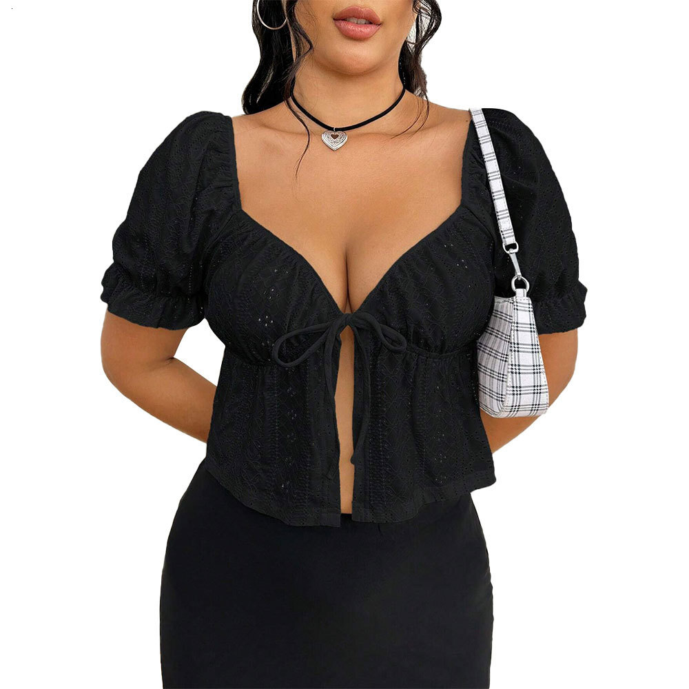 2025 Summer New V-neck Solid Color Drawstring Pleated Short Sleeved Loose T-shirt for Women