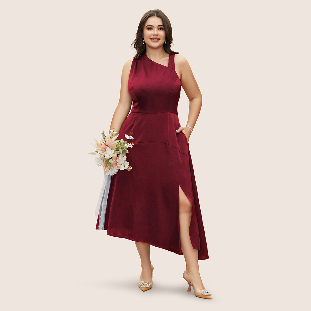 Plus Size Womens Waist Up Sexy Off Shoulder Color Satin Party Red Dress
