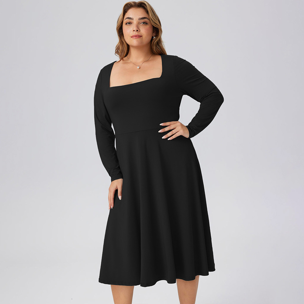 Autumn and Winter New Plus Size Womens Square Neck Medium Long Style Waist Cinching Temperament Commuting Long Sleeved Dress