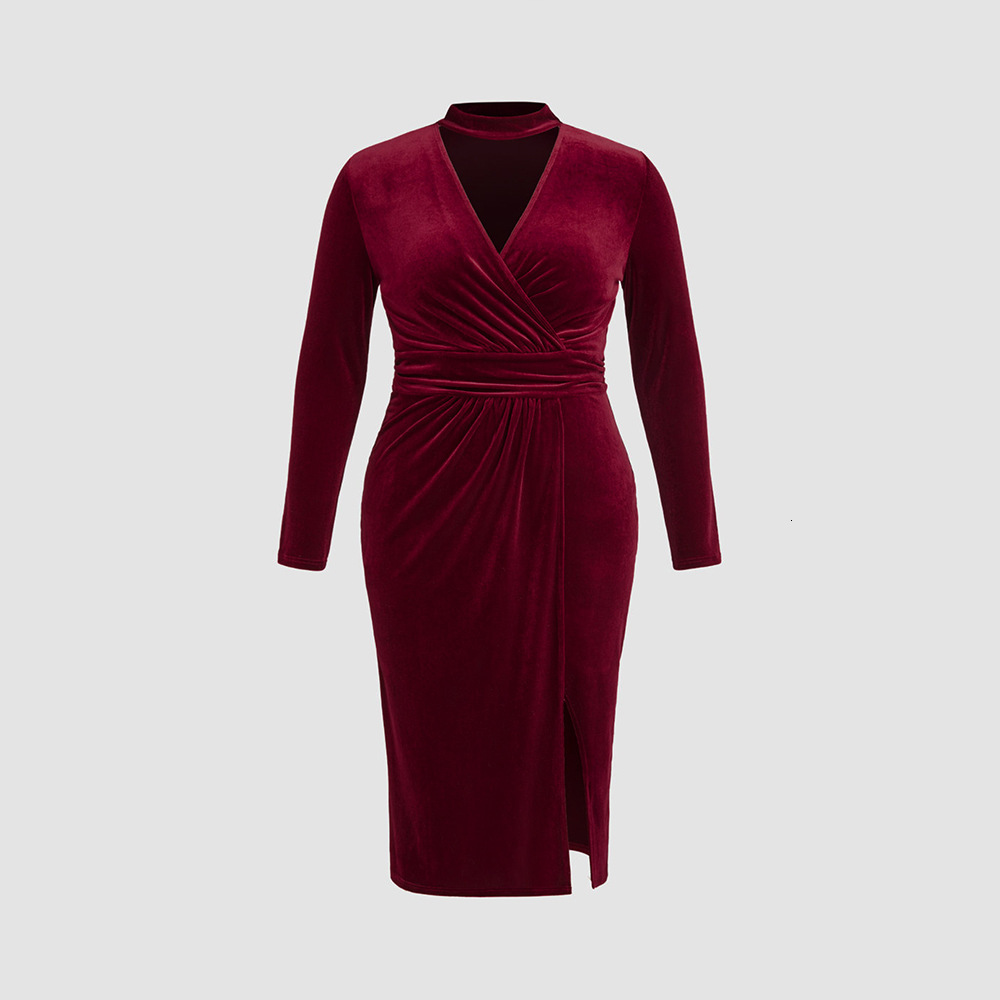 Plus Size Womens French Queen Wine Red Dress Autumn and Winter Korean Velvet Slit Long Skirt