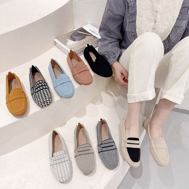 Queen's 2025 new round toe single women, knitted woven leisure and happiness, bean shoes for women