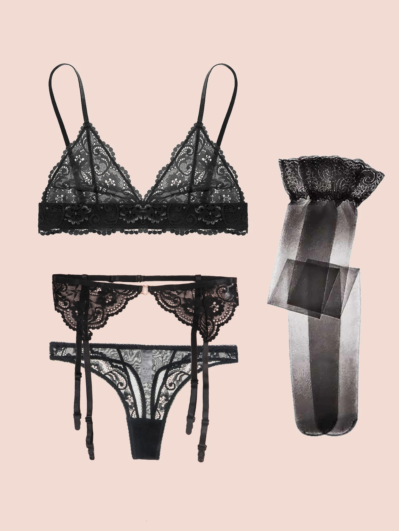Varsbaby Lace Bra Sets for Women Non-padded Bra Panty Garter Stockings Summer Underwear Lingerie Sexy 250515
