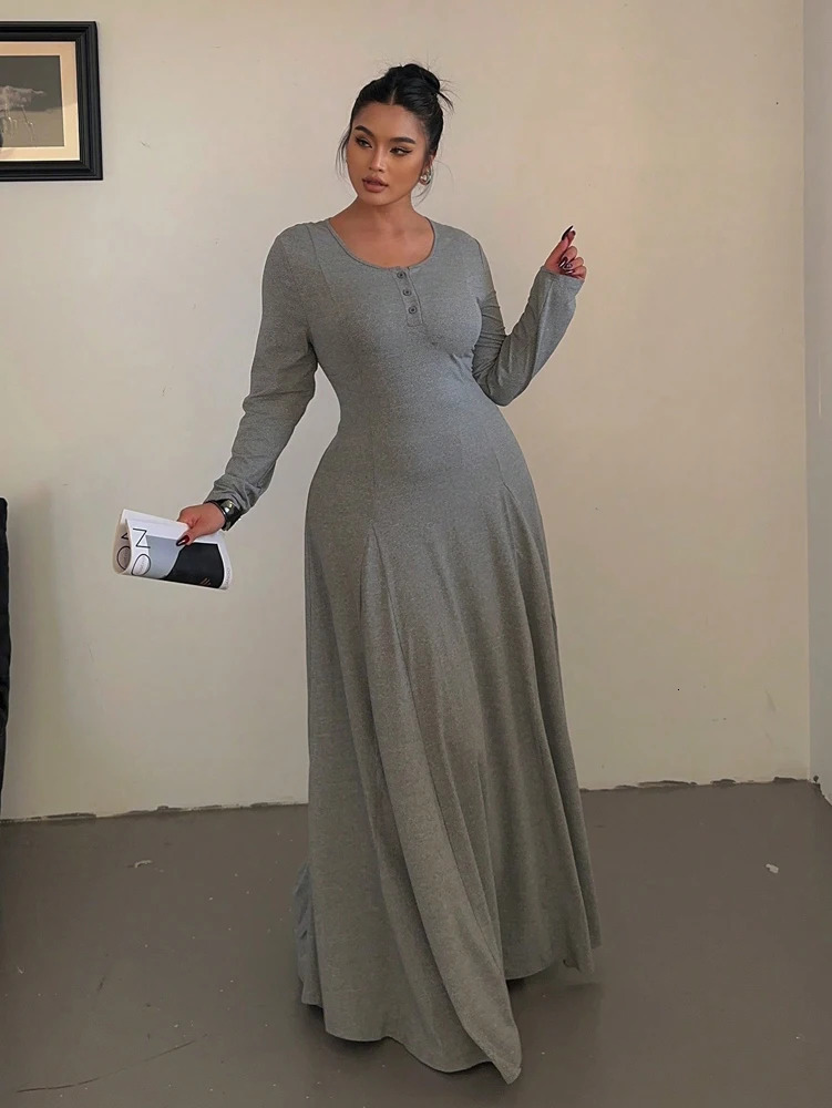Plus size Solid colour Knitted Elegant Waist Slim A-line Draped dress long womens polyester 2025 Summer 250515